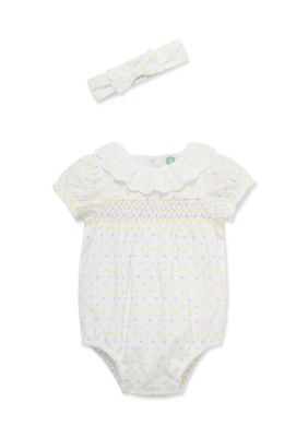Little Me Baby Girls Smocked Dot Bubble Onesie with Headband