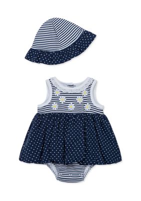 Little Me Baby Girls Daisy Popover and Hat, Blue, 9 Months