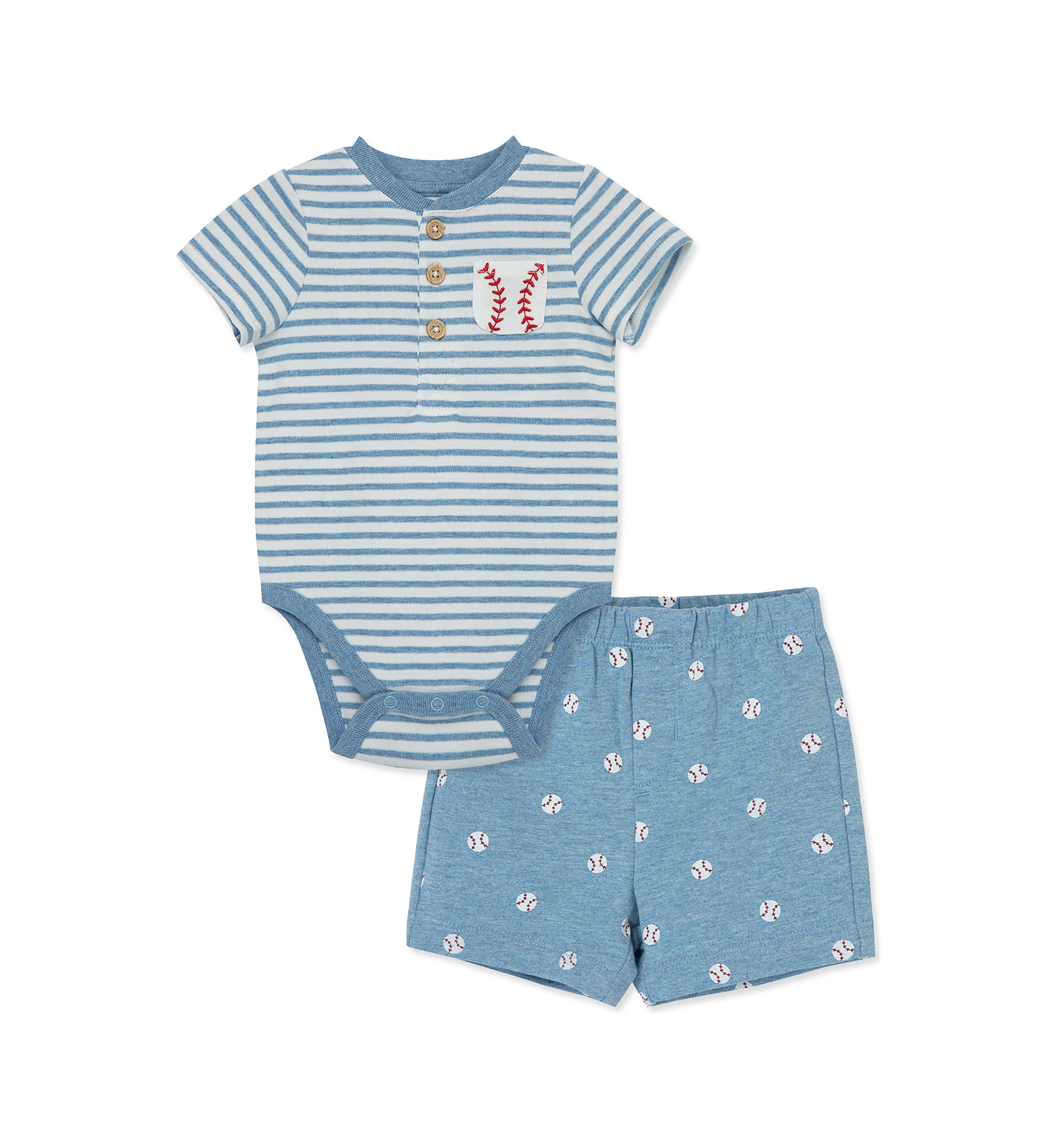 Baby Boys Striped Bodysuit and Baseball Printed Shorts Set