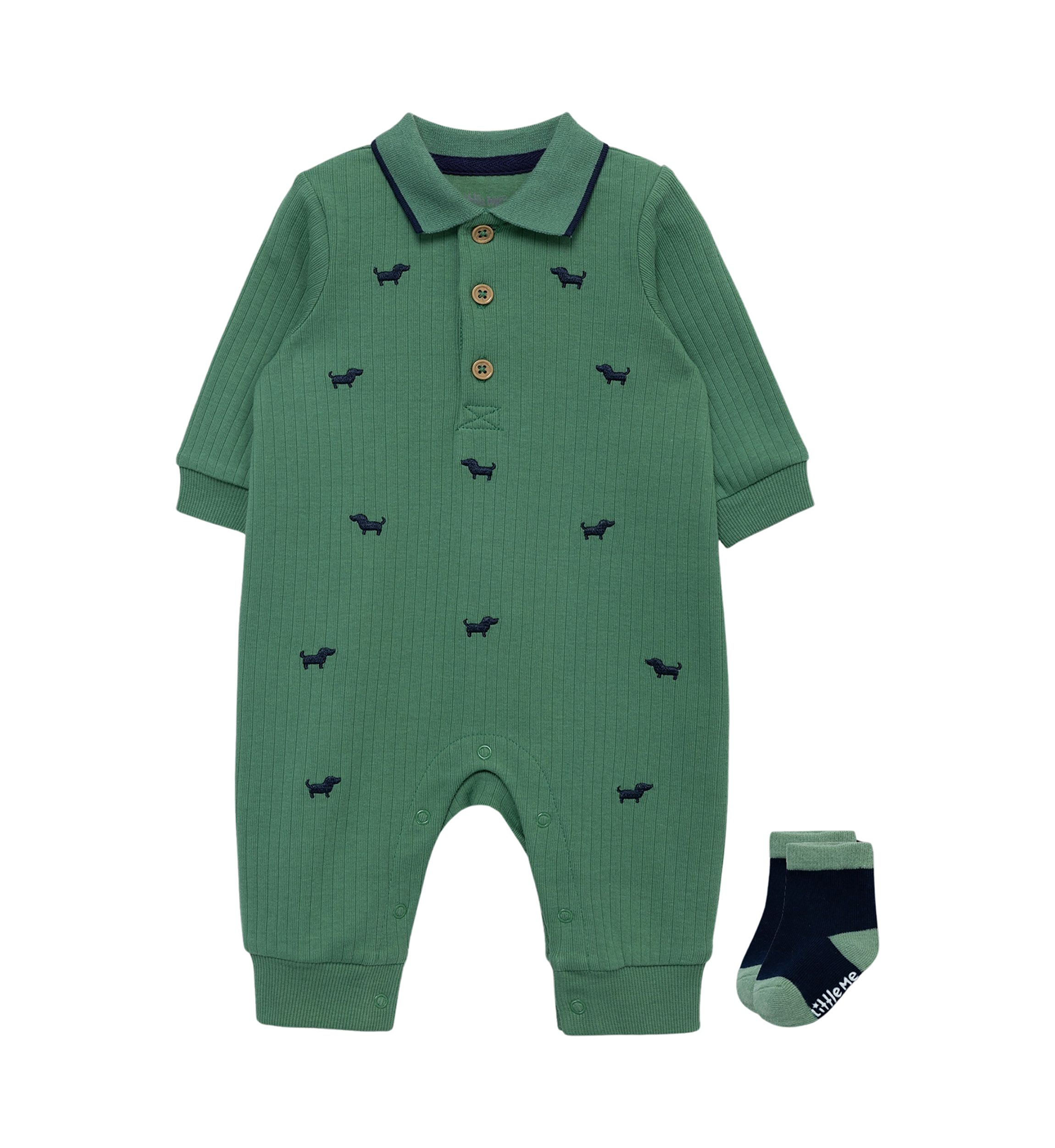 Baby Boys Puppy Printed Coverall with Socks