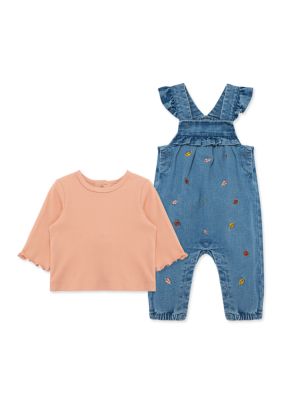 Little Me Baby Girls Leaves Overall Set, Blue, 6 Months