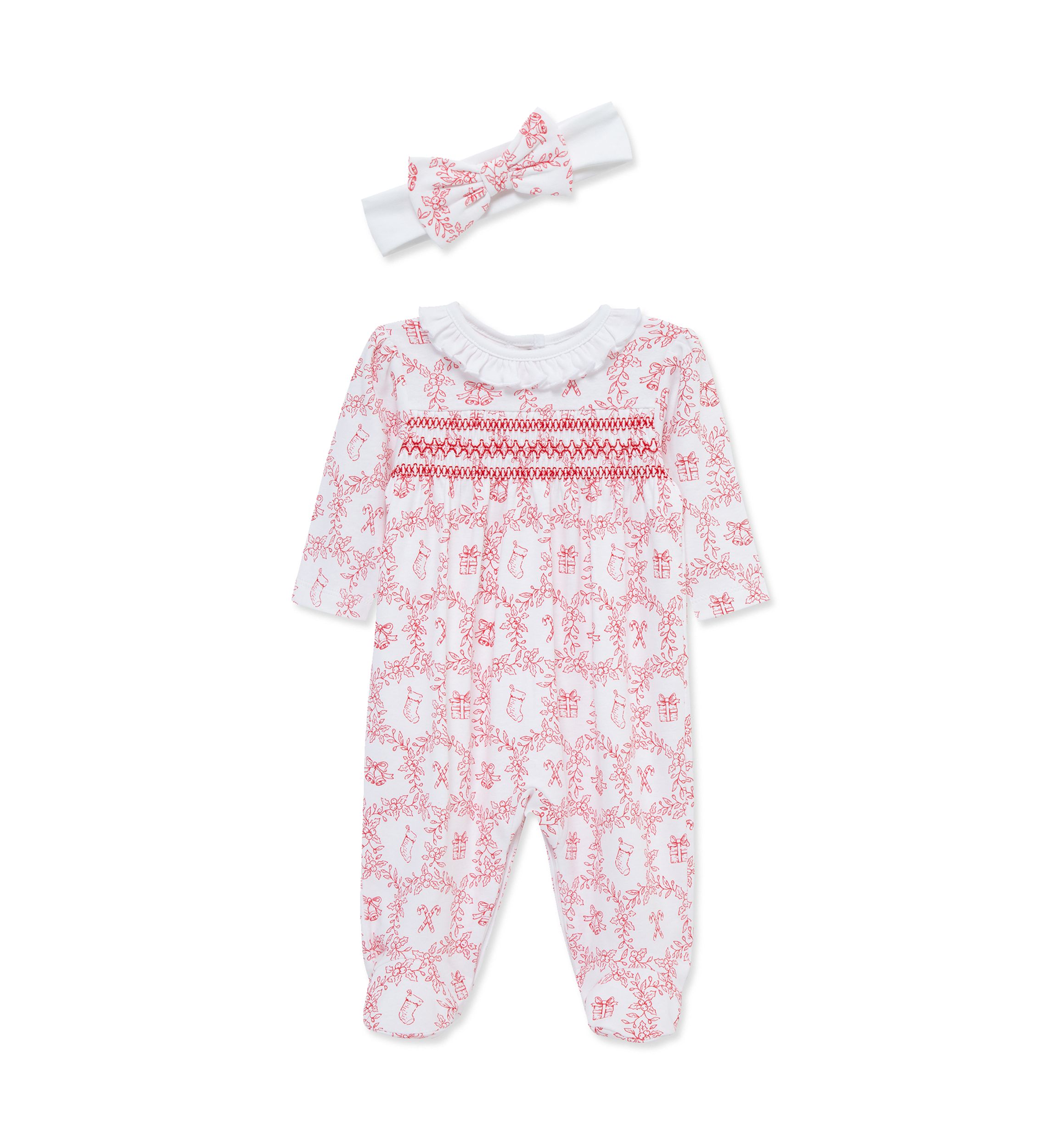 Baby Girls Festive Toile Footie with Headband