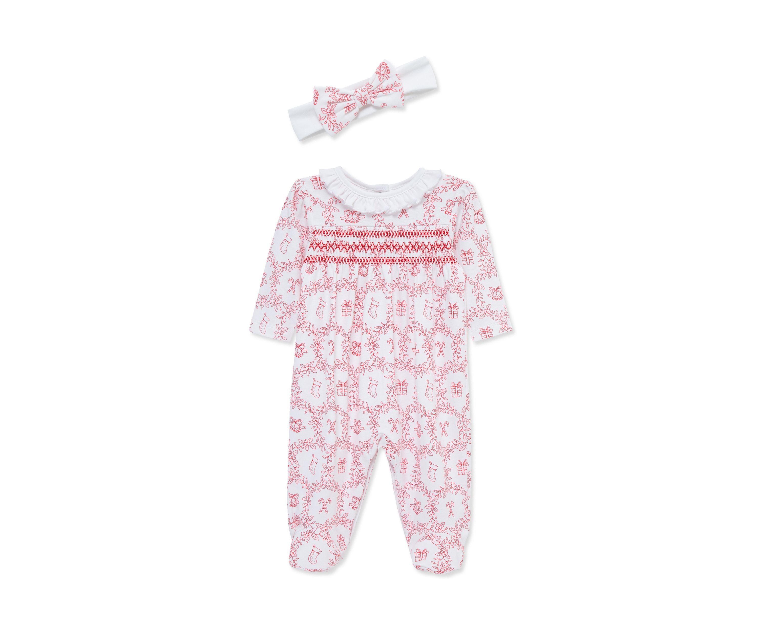 Baby Girls Festive Toile Footie with Headband