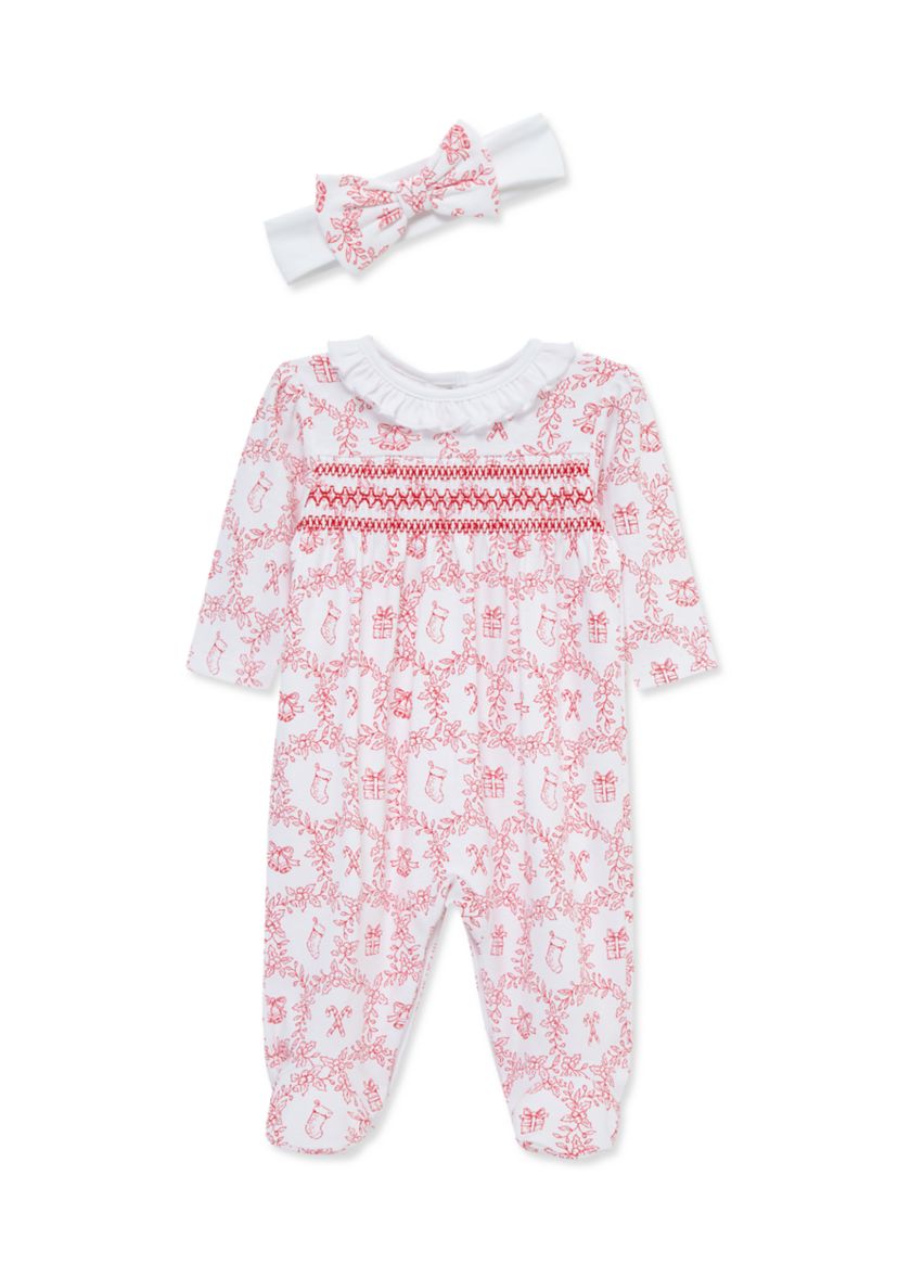 Baby Girls Festive Toile Footie with Headband