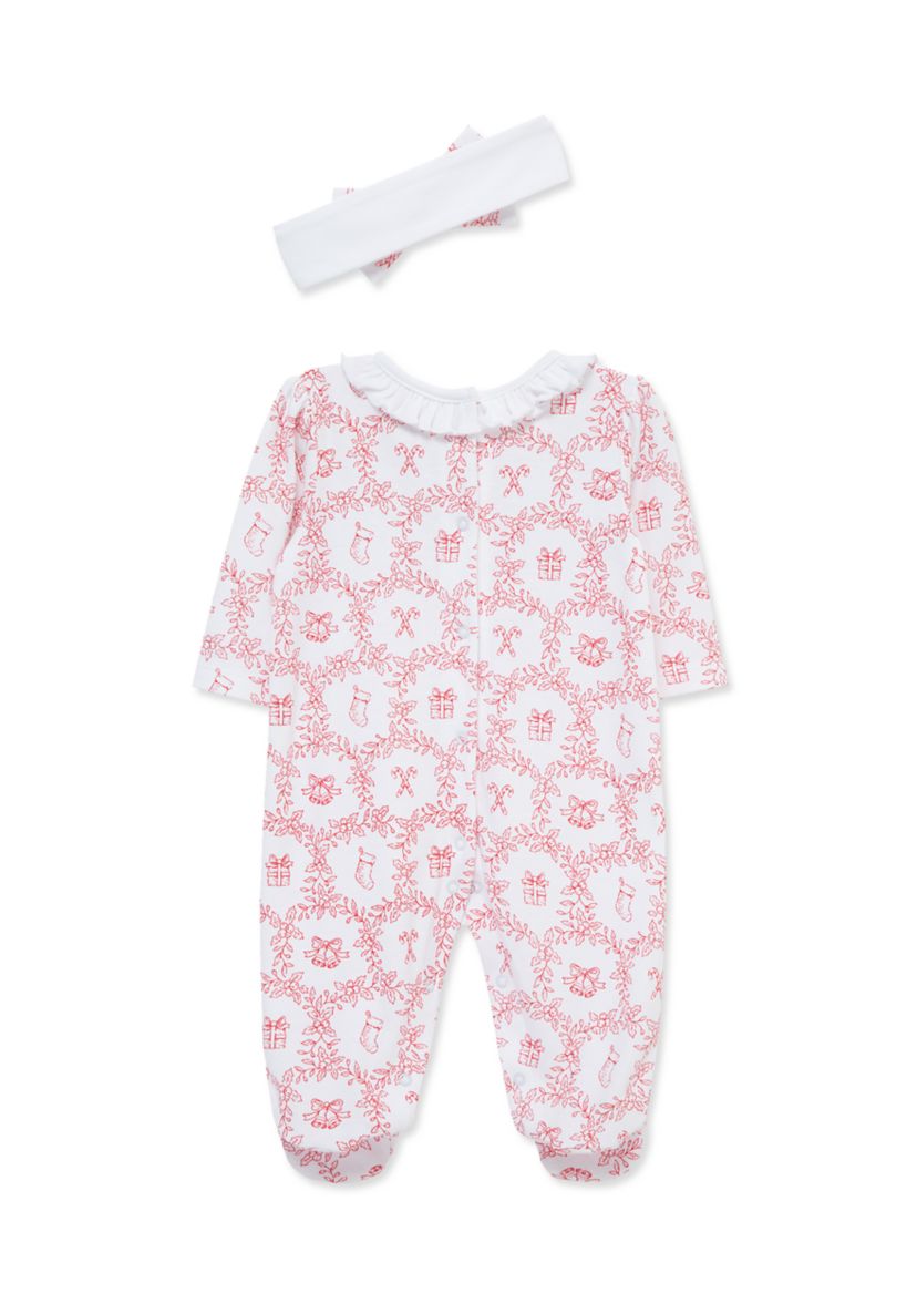 Baby Girls Festive Toile Footie with Headband