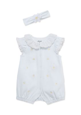 Little Me Baby Girls Daisy Romper with Headband, Blue, 9 Months