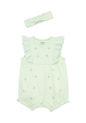 Little Me Baby Girls Violet Romper and Headband Set, Green, 6 Months