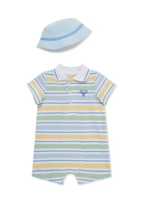 Little Me Baby Boys Striped Knit Romper and Hat Set