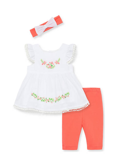 Baby Girls Textured Embroidered Tunic, Leggings, and Headband Set