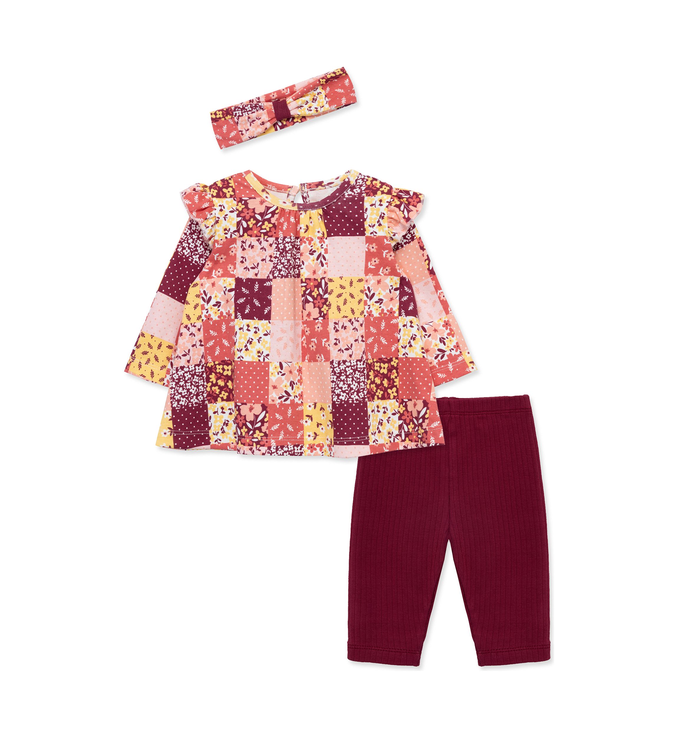 Baby Girls Patchwork Printed Top Set with Headband