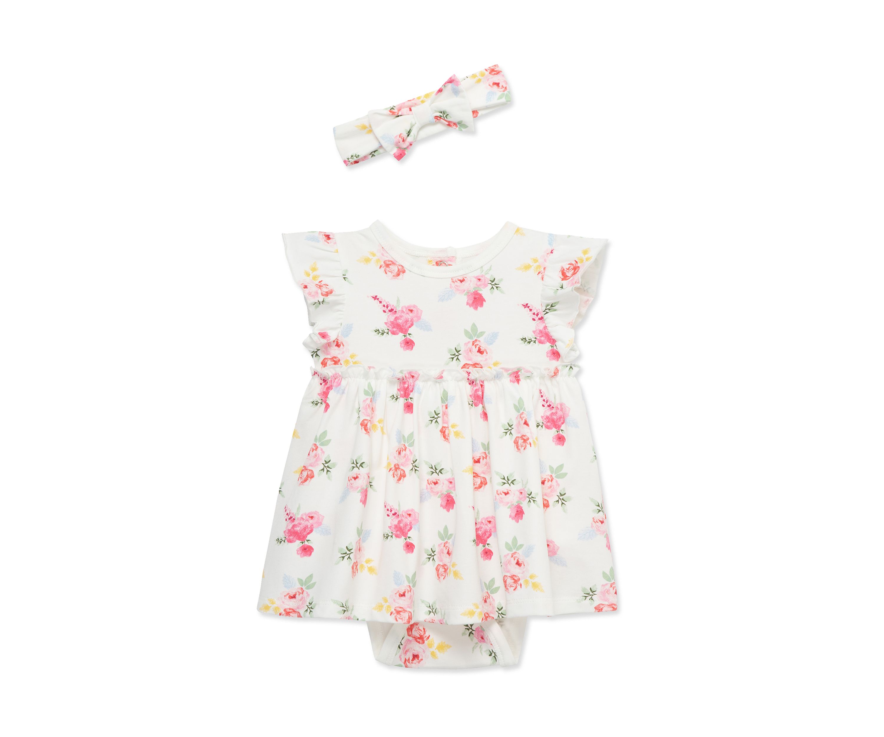 Baby Girls Roses Bodysuit Dress with Headband