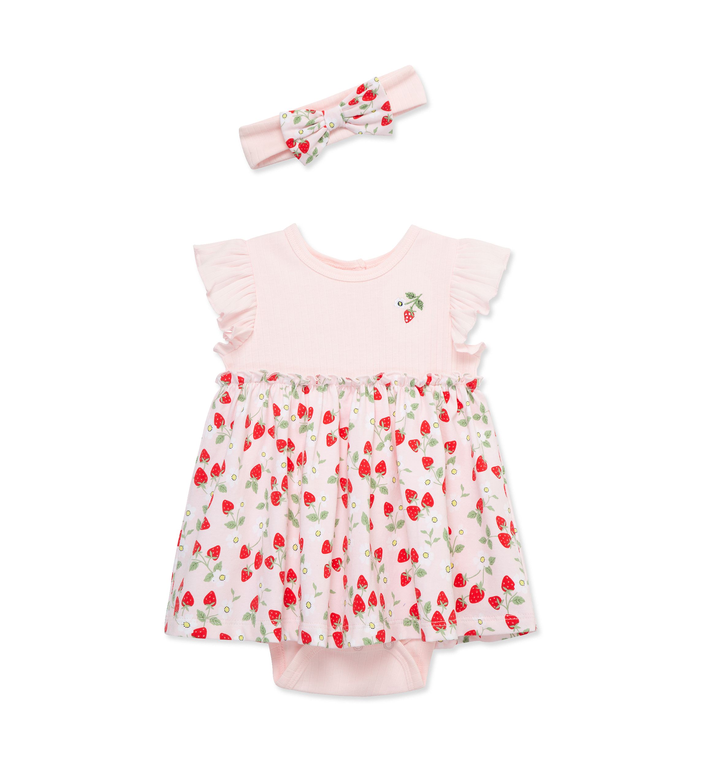 Baby Girls Strawberries Bodysuit Dress with Headband