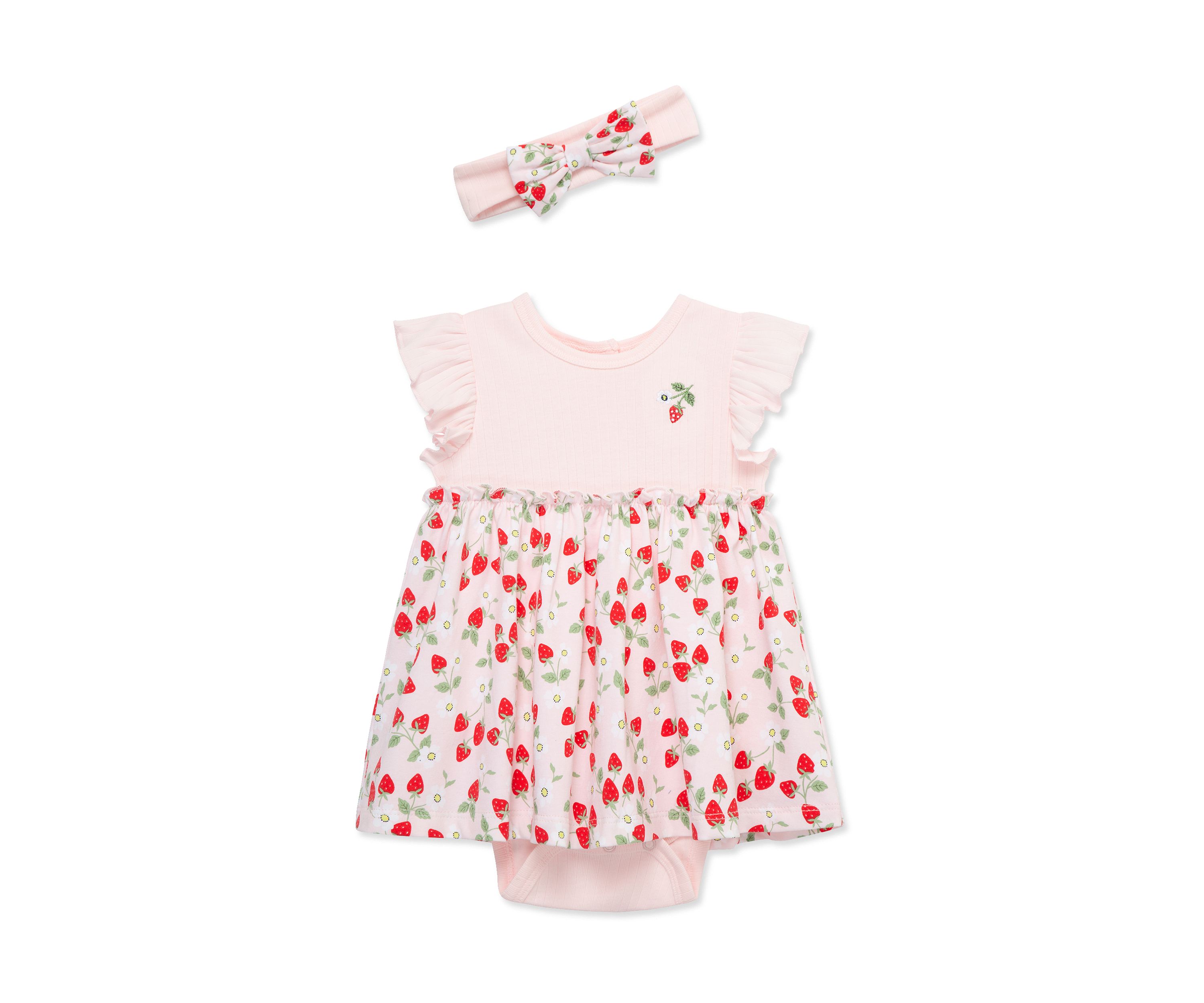 Baby Girls Strawberries Bodysuit Dress with Headband