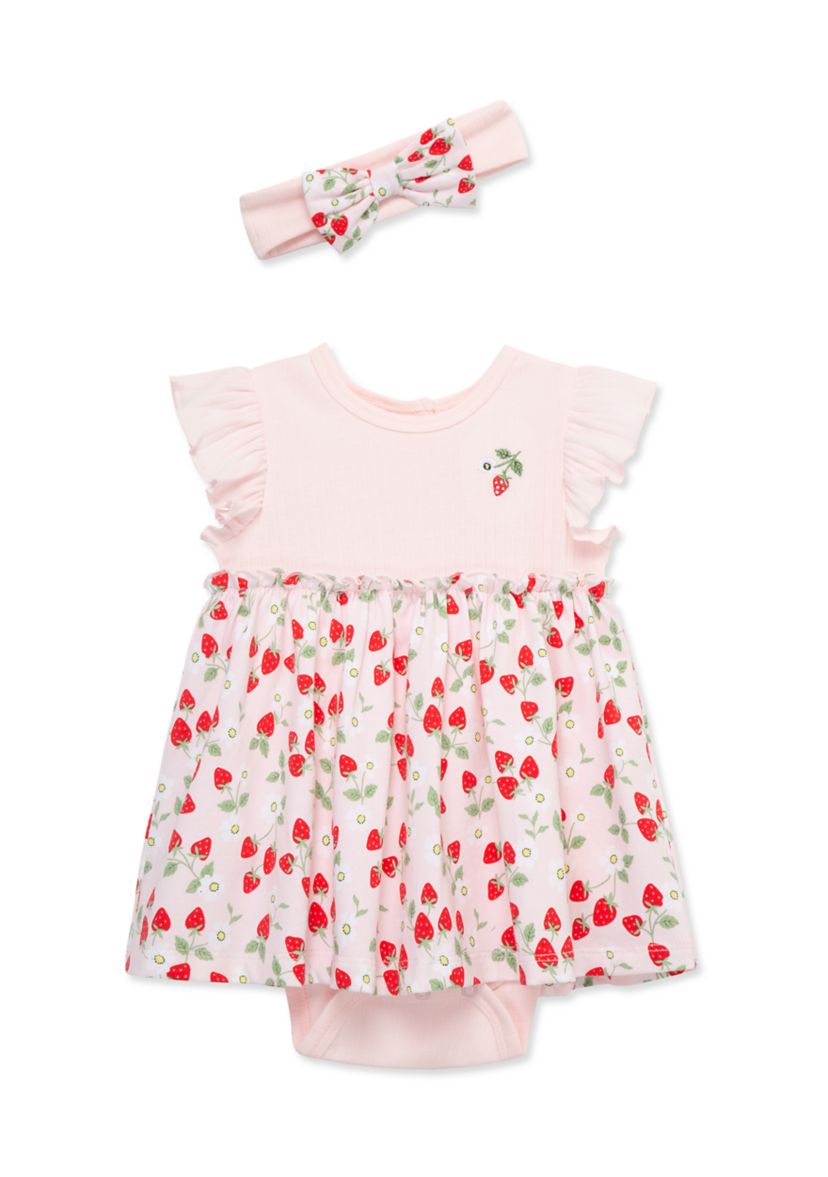 Baby Girls Strawberries Bodysuit Dress with Headband