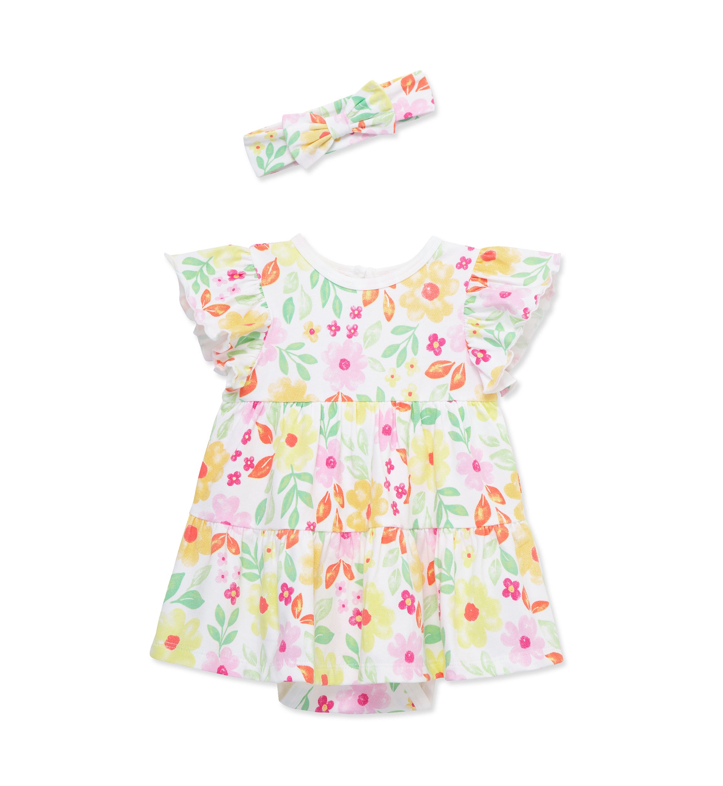 Baby Girls Happy Floral Bodysuit Dress with Headband