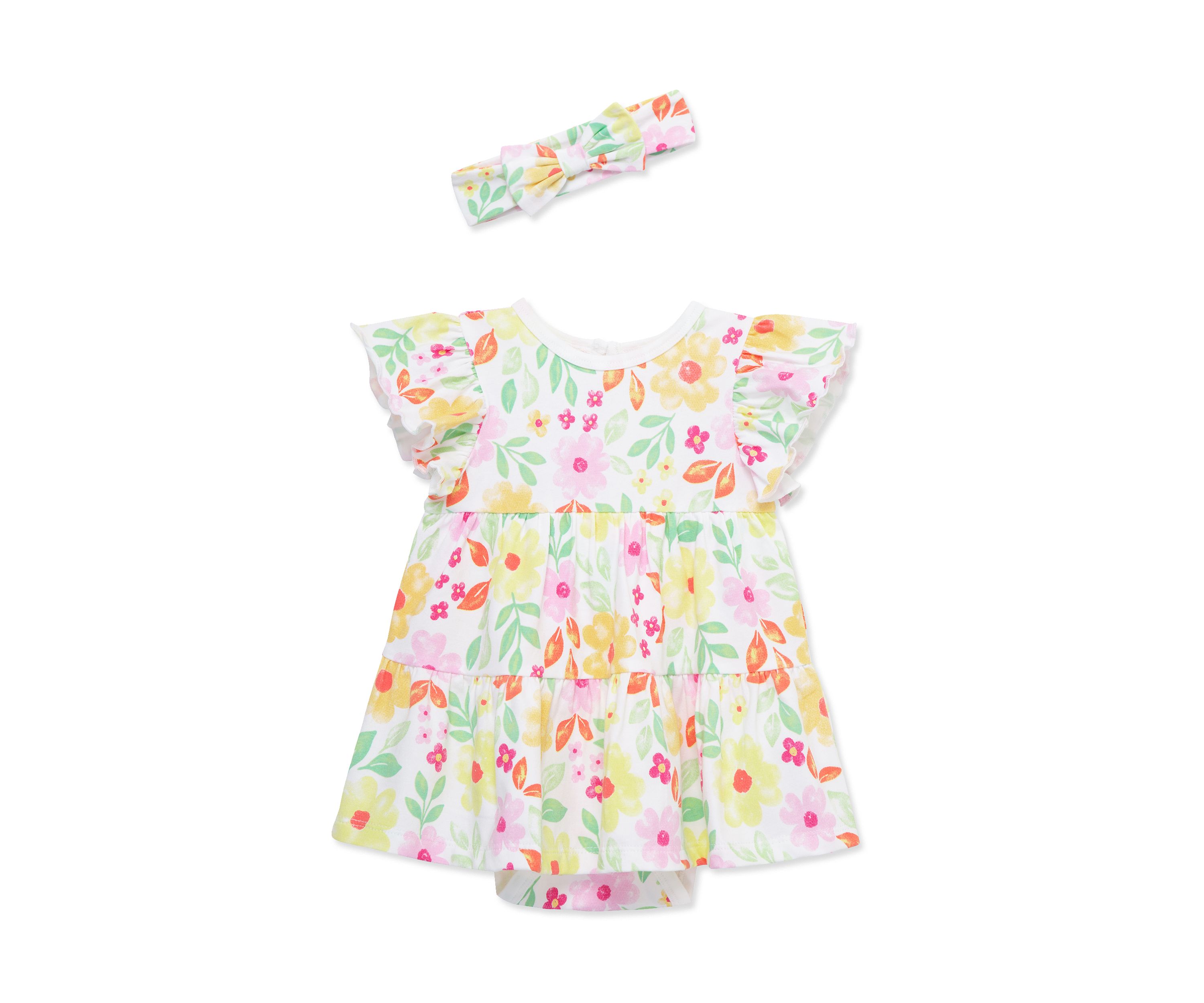Baby Girls Happy Floral Bodysuit Dress with Headband