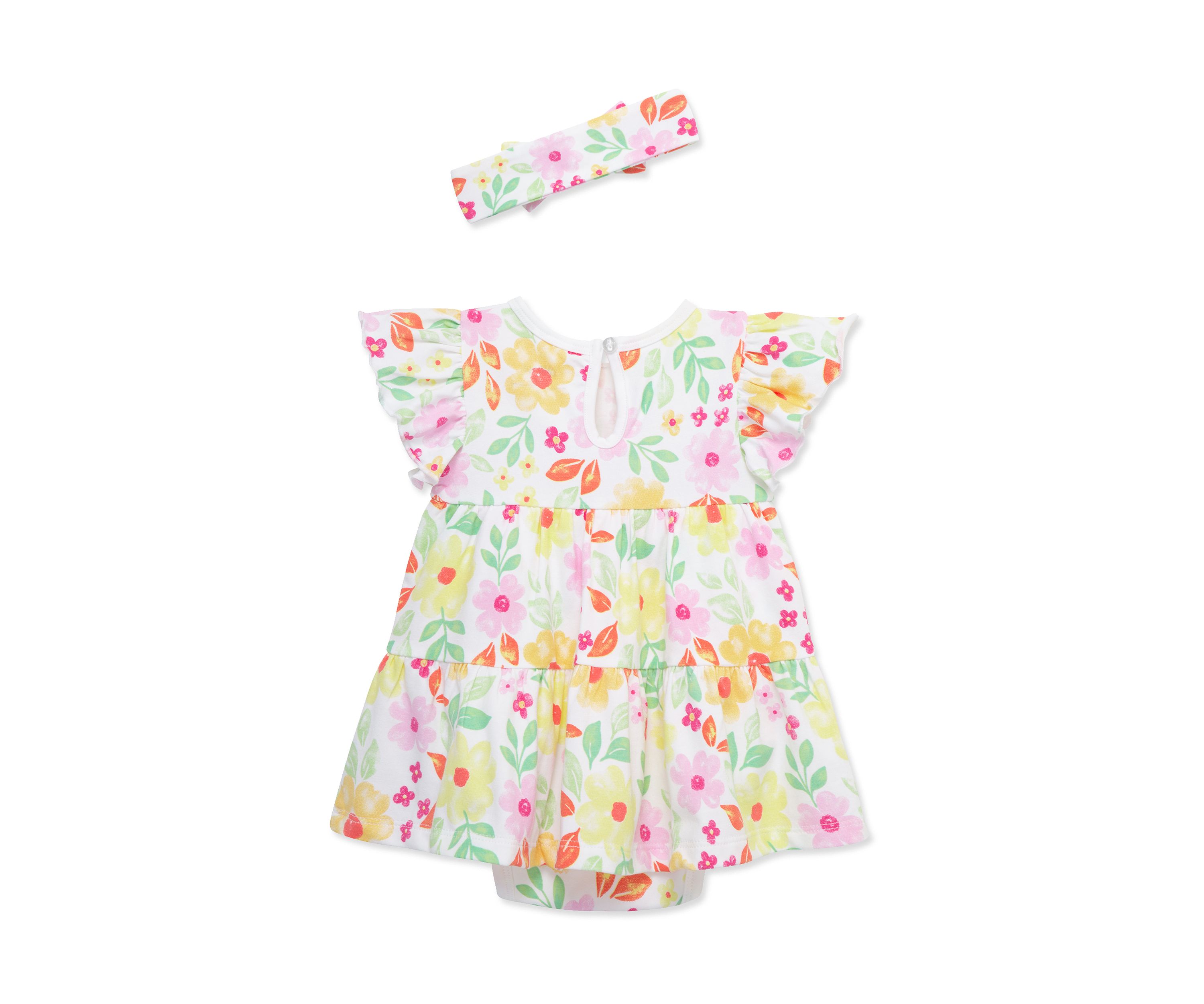 Baby Girls Happy Floral Bodysuit Dress with Headband