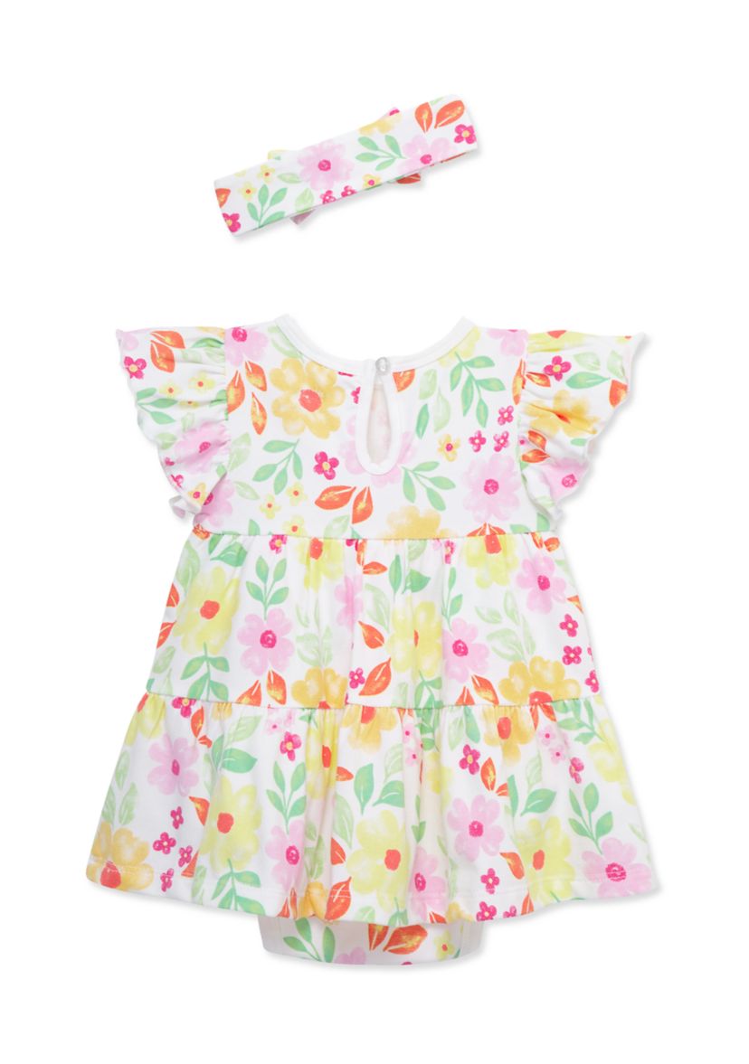 Baby Girls Happy Floral Bodysuit Dress with Headband