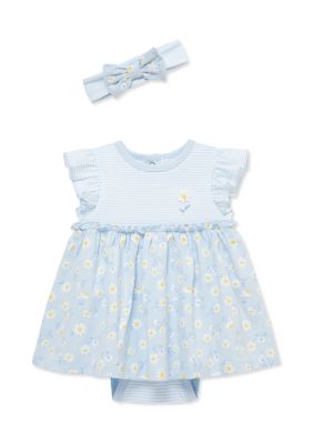 Little Me Baby Girl Bodysuit Dress and Headband Set, Blue, 6 Months