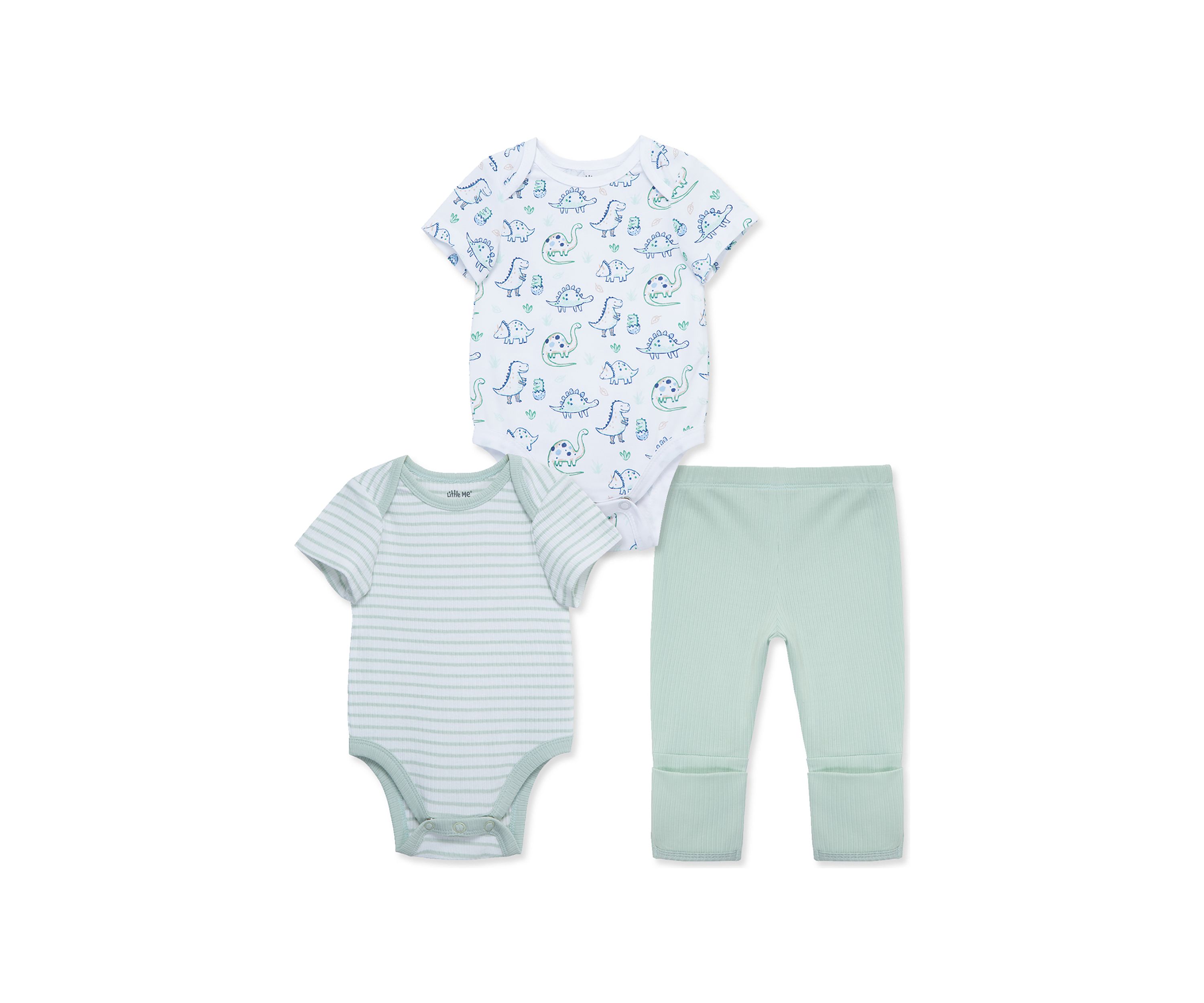 Baby Boys Dino Printed 3 Piece Bodysuit and Pants Set