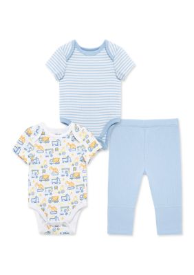 Little Me Baby Boys Truck Zone 3-Piece Bodysuit and Pants Set, Blue, 12 Months