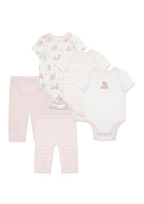 Little Me Baby Girls Dainty Bears 5-Piece Bodysuit and Pants Set, Pink, Newborn