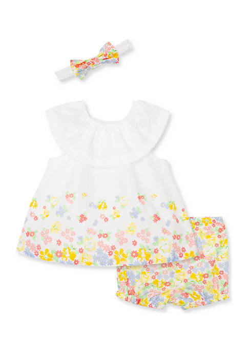 Baby Girls Floral Border 3 Piece Set with Headband