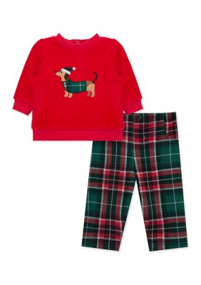 Little Me Baby Girls Plaid Puppy Pant Set, Red, 6 Months