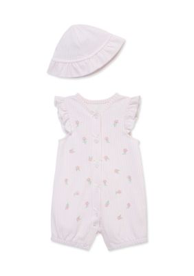 Little Me Toddler Girls Picnic Romper with Hat, Pink, 9 Months