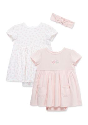 Little Me Baby Girls 2 Pack Bodysuit Dresses and Headband Set, Pink, 6 Months