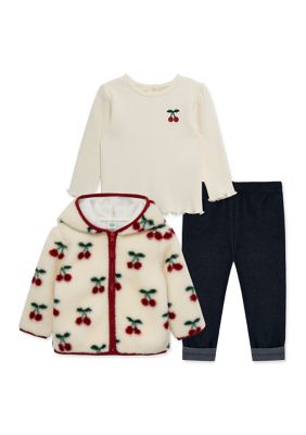Little Me Baby Girls Cherry 3-Piece Sherpa Set, White, 24 Months