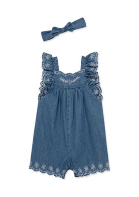 Little Me Baby Girls Romper Headband Set, Blue, 18 Months