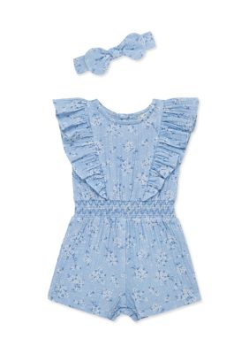 Little Me Baby Girls Romper Headband Set, Blue, 12 Months