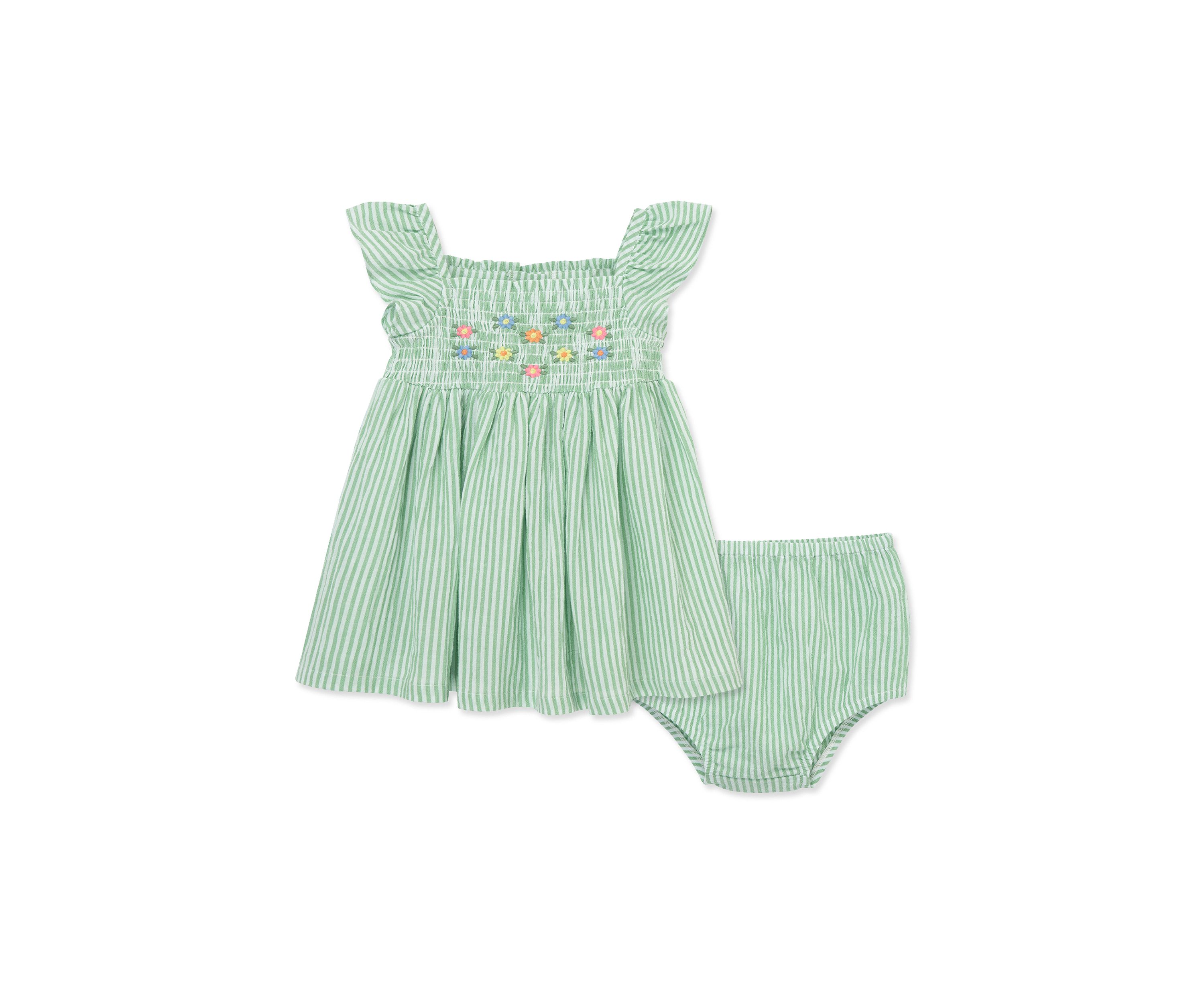 Baby Girls Green Embroidered Sundress with Diaper Cover