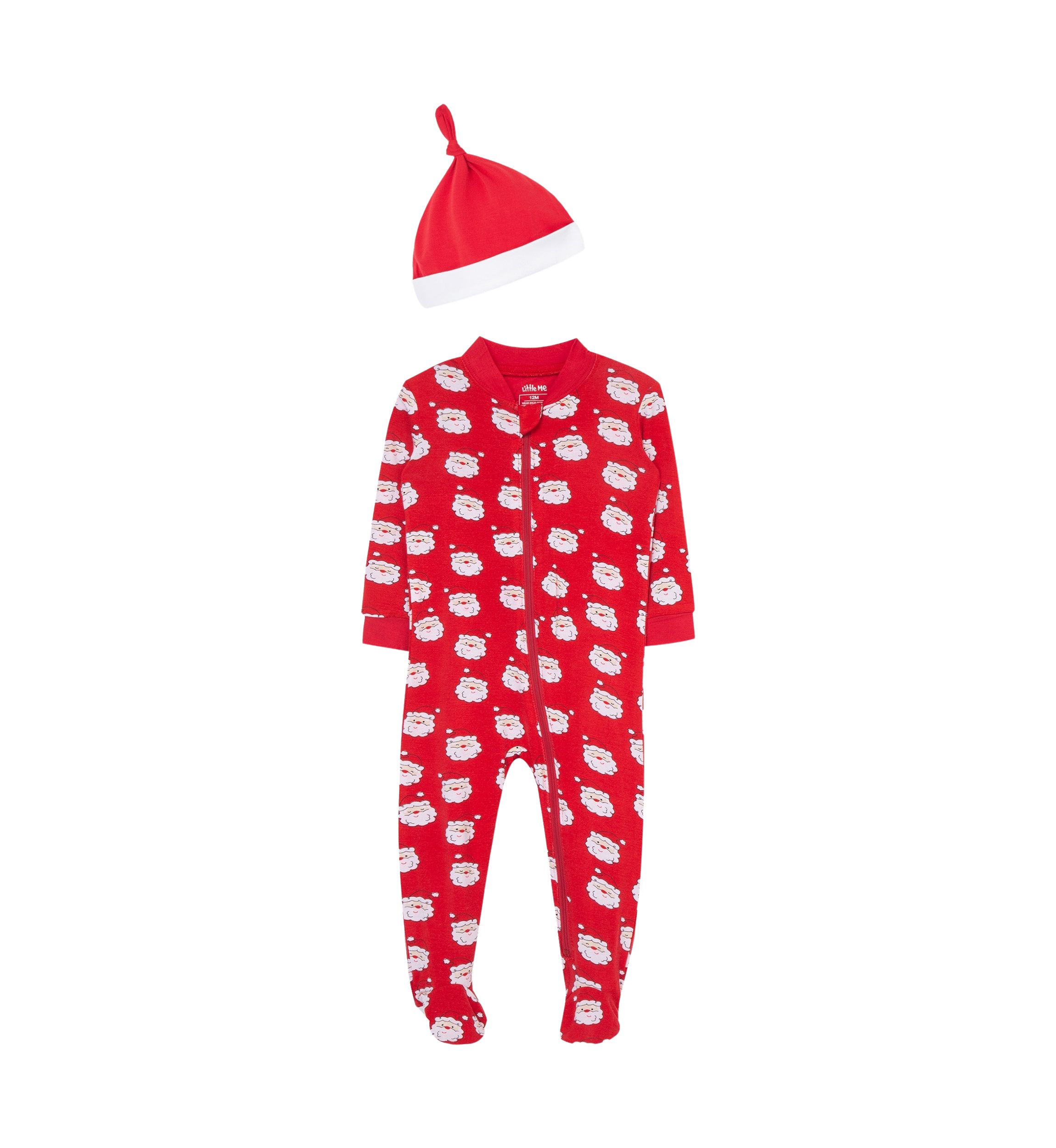 Baby Boys Santa Zip Front Printed Footie Pajamas with Hat