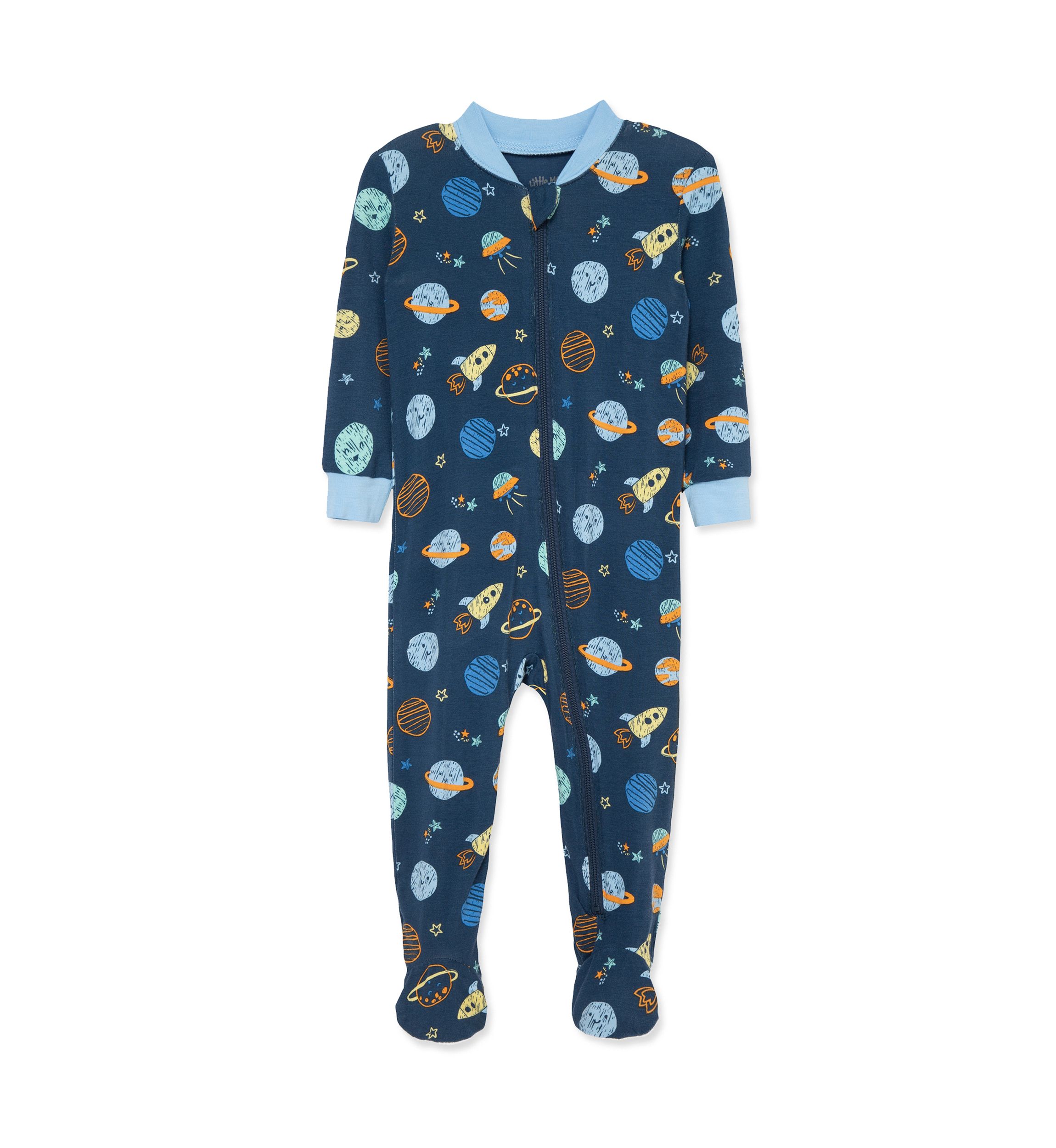 Baby Boys Space Printed Zip Front Footie Pajamas