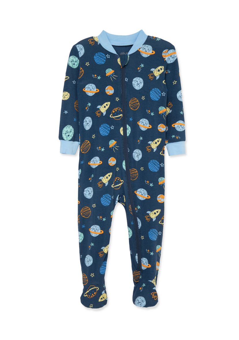 Baby Boys Space Printed Zip Front Footie Pajamas