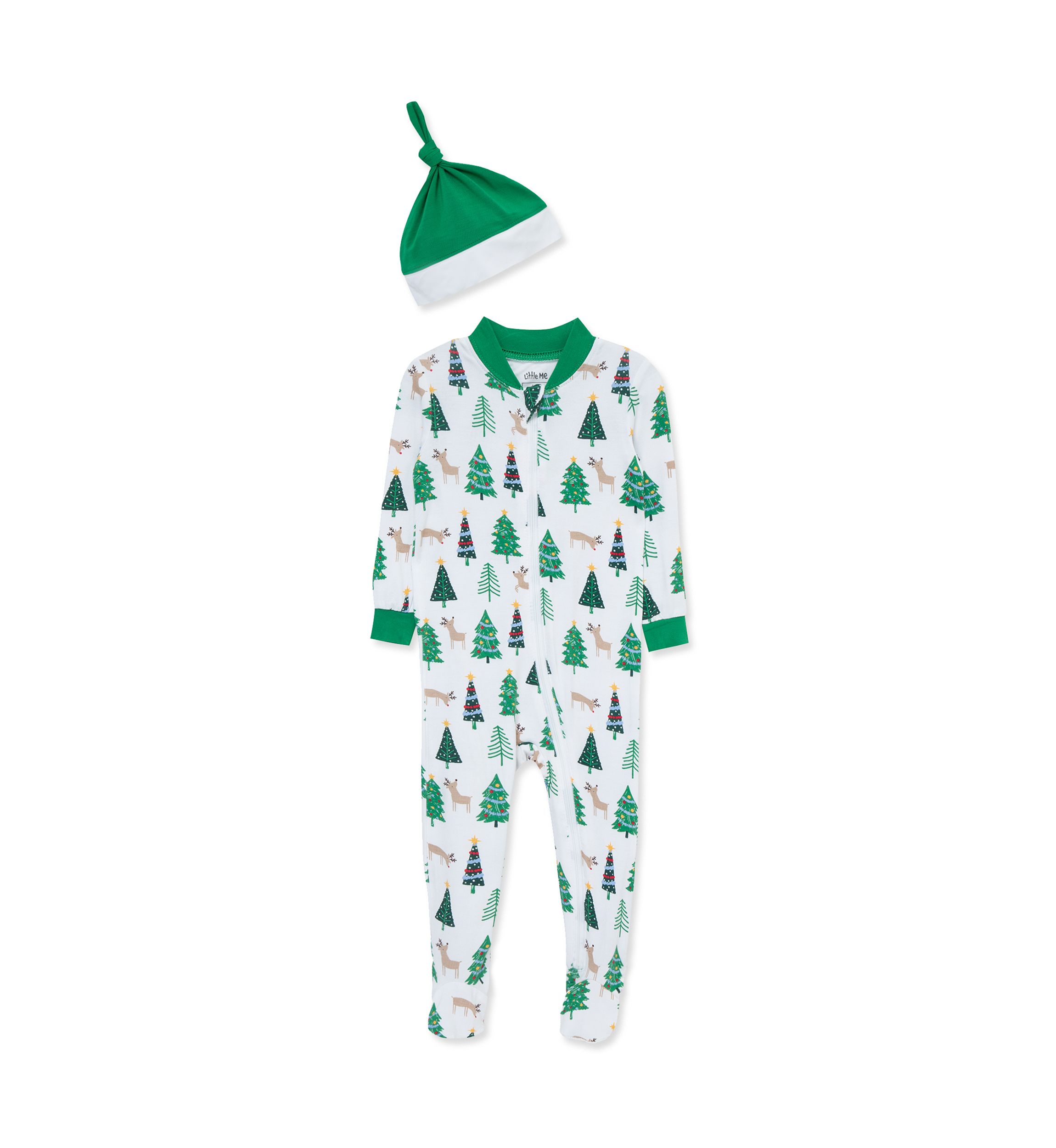 Baby Boys Christmas Tree Zip Front Footie with Hat