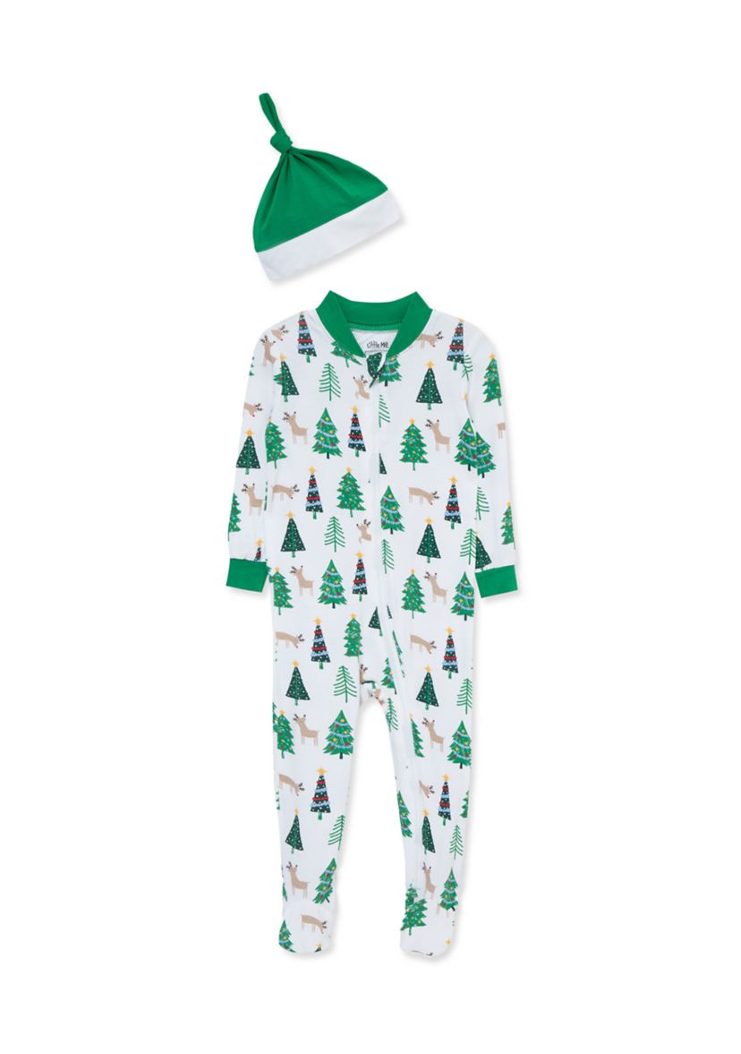 Baby Boys Christmas Tree Zip Front Footie with Hat