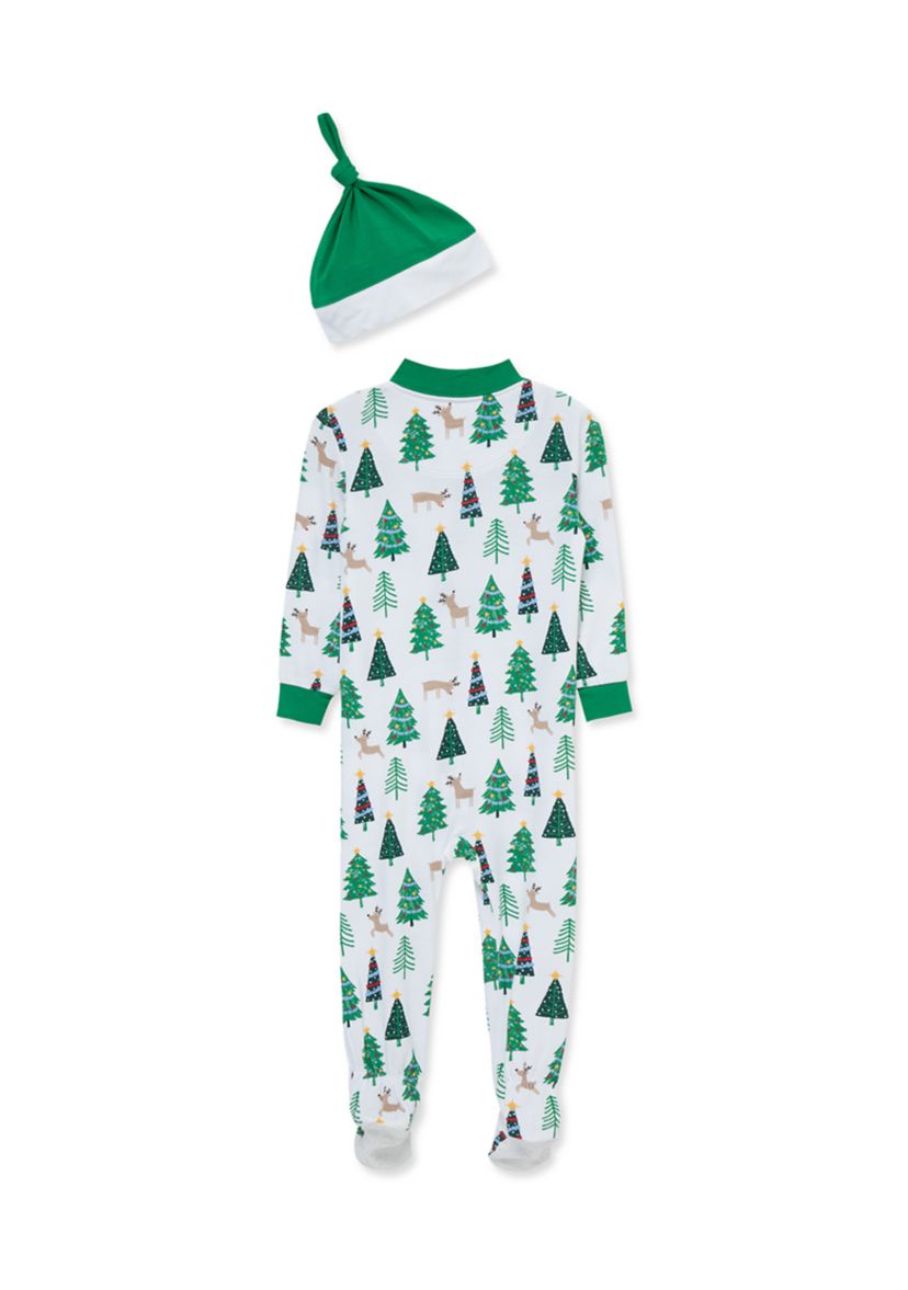 Baby Boys Christmas Tree Zip Front Footie with Hat