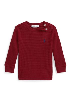 Ralph Lauren Childrenswear Baby Boys Waffle-Knit Cotton Long-Sleeve T-Shirt, Red, 12 Months