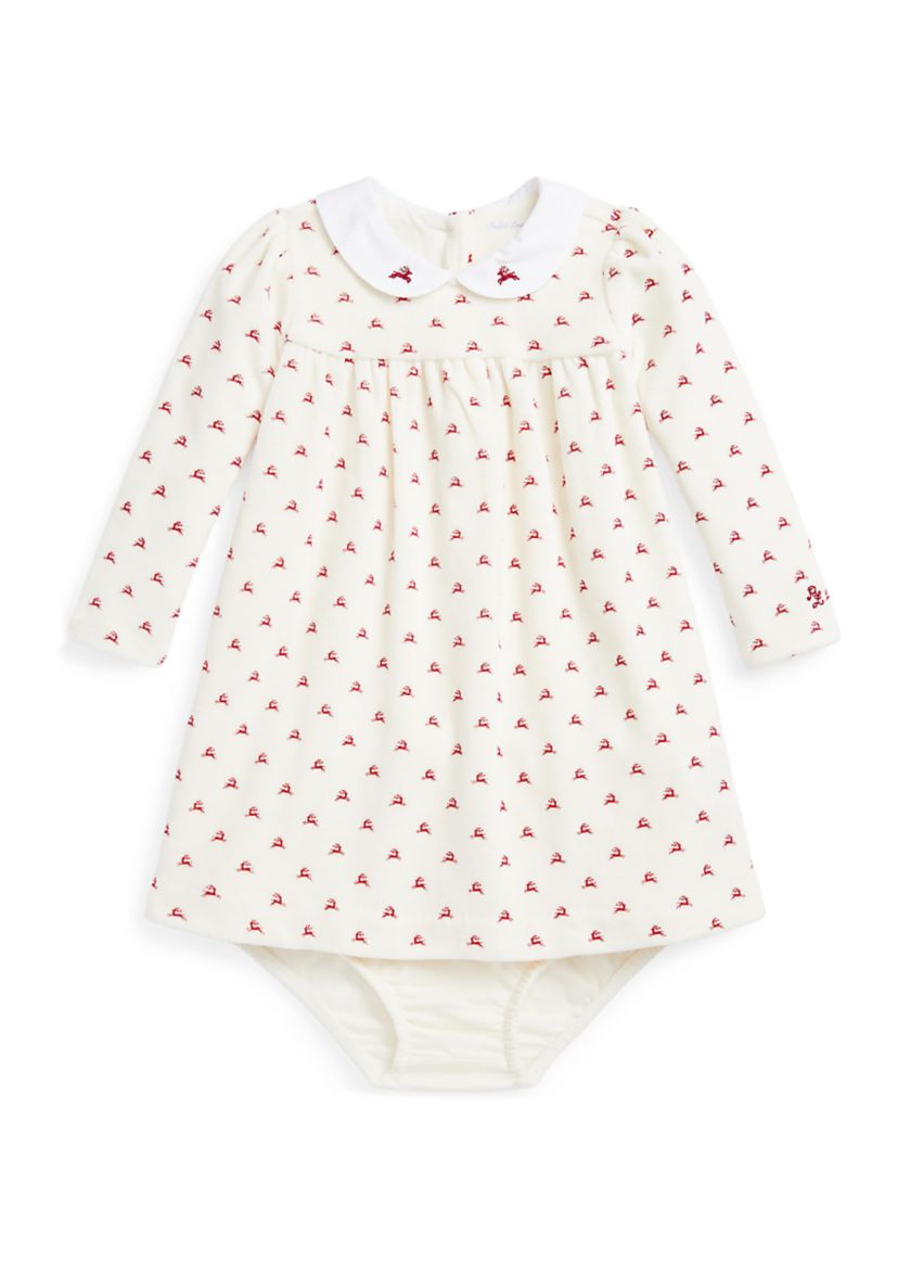 Baby Girls Reindeer-Print Velour Dress & Bloomer Set
