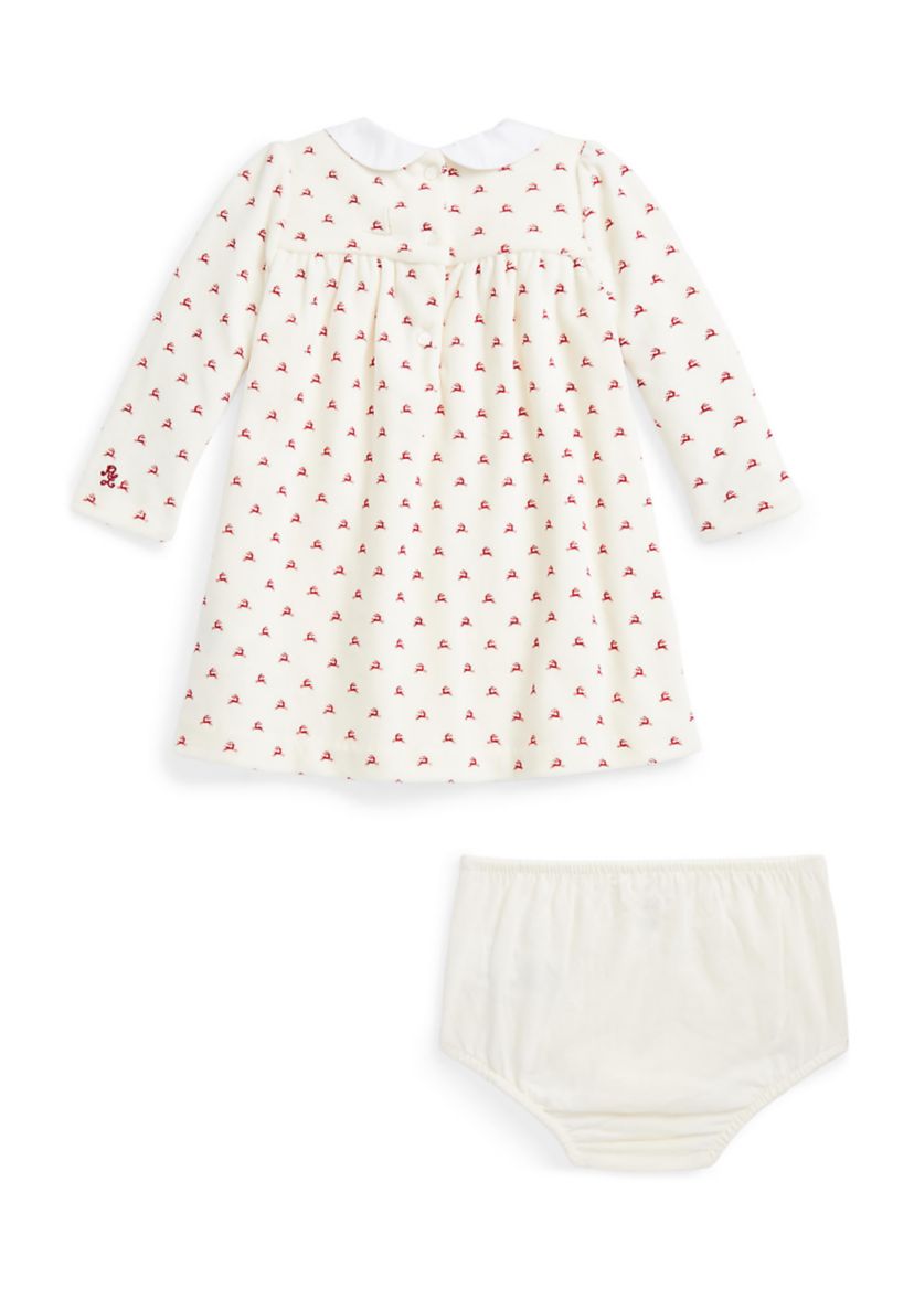 Baby Girls Reindeer-Print Velour Dress & Bloomer Set