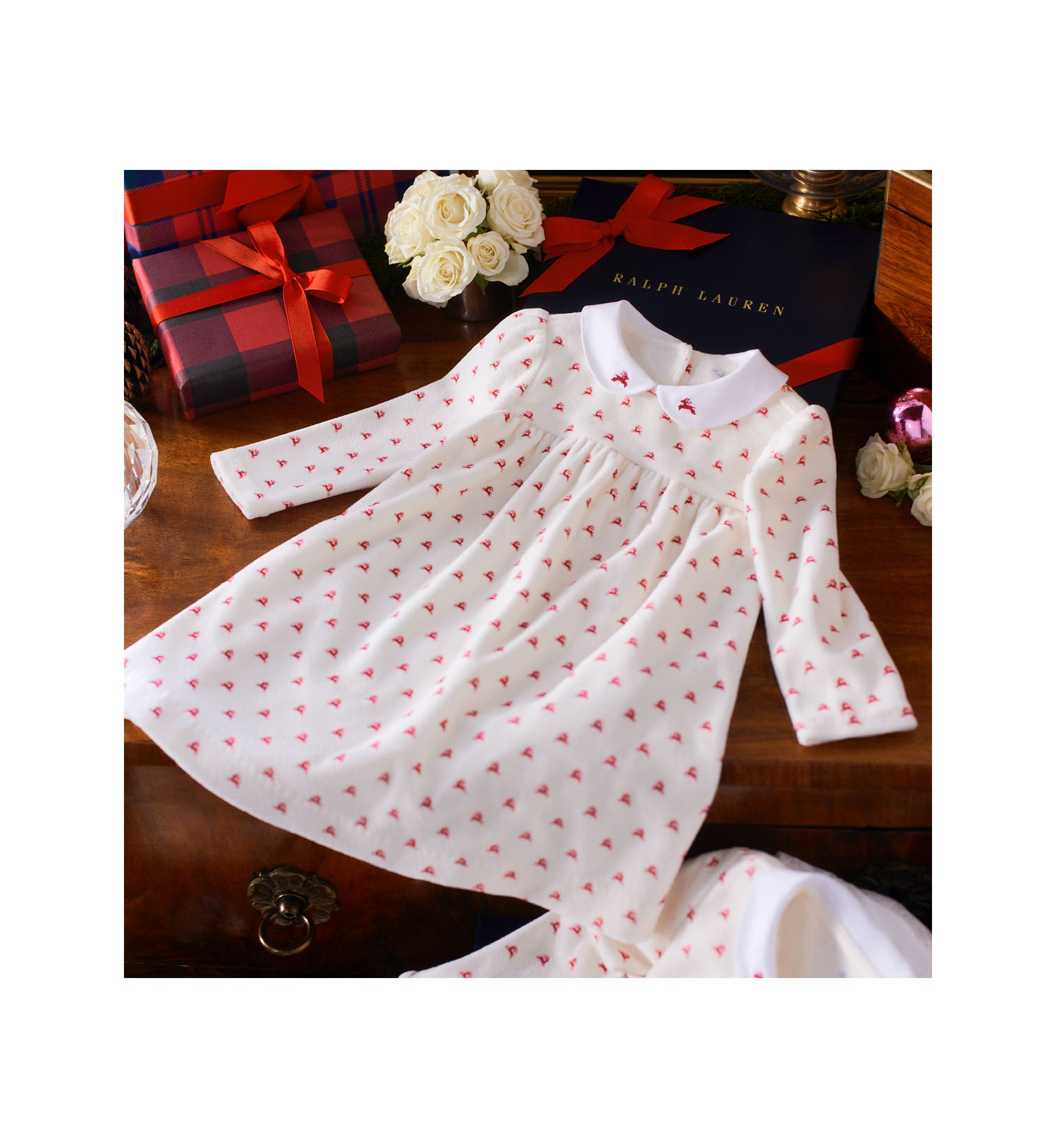 Baby Girls Reindeer-Print Velour Dress & Bloomer Set
