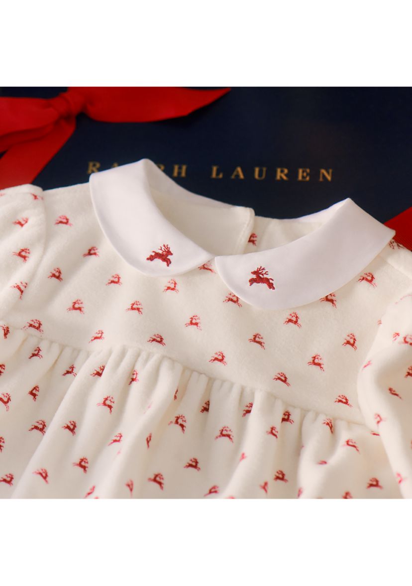 Baby Girls Reindeer-Print Velour Dress & Bloomer Set