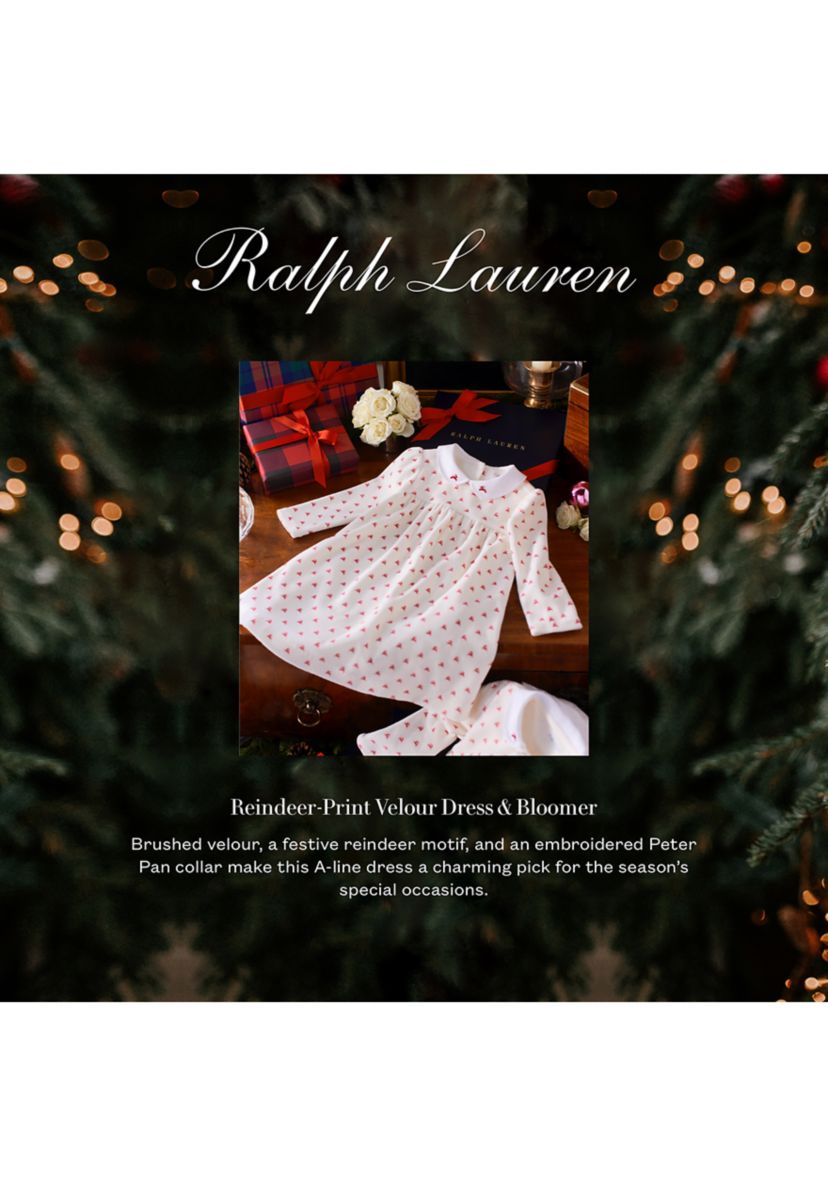 Baby Girls Reindeer-Print Velour Dress & Bloomer Set