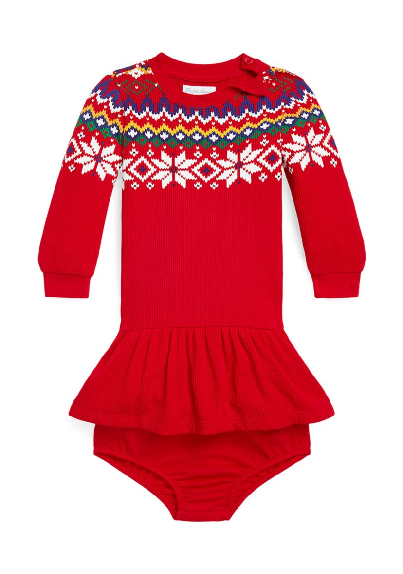 Baby Girls Fair Isle Waffle-Knit Dress & Bloomer