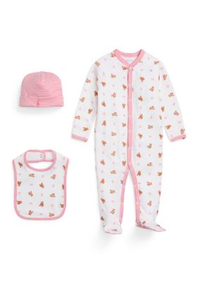 Ralph Lauren Childrenswear Baby Girls Floral Cotton 3-Piece Gift Set, White, 9 Months