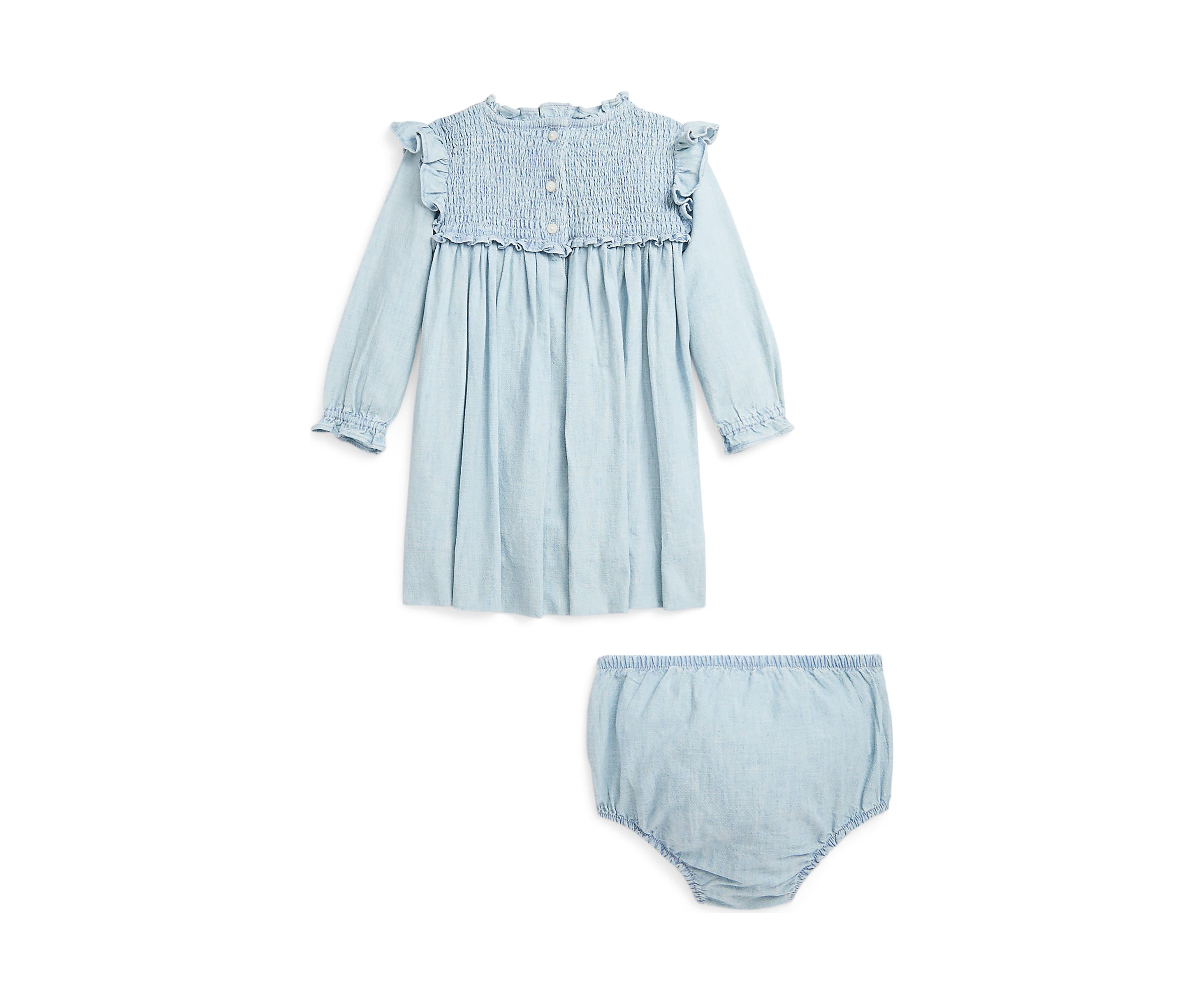 Baby Girls Smocked Cotton Chambray Dress & Bloomer