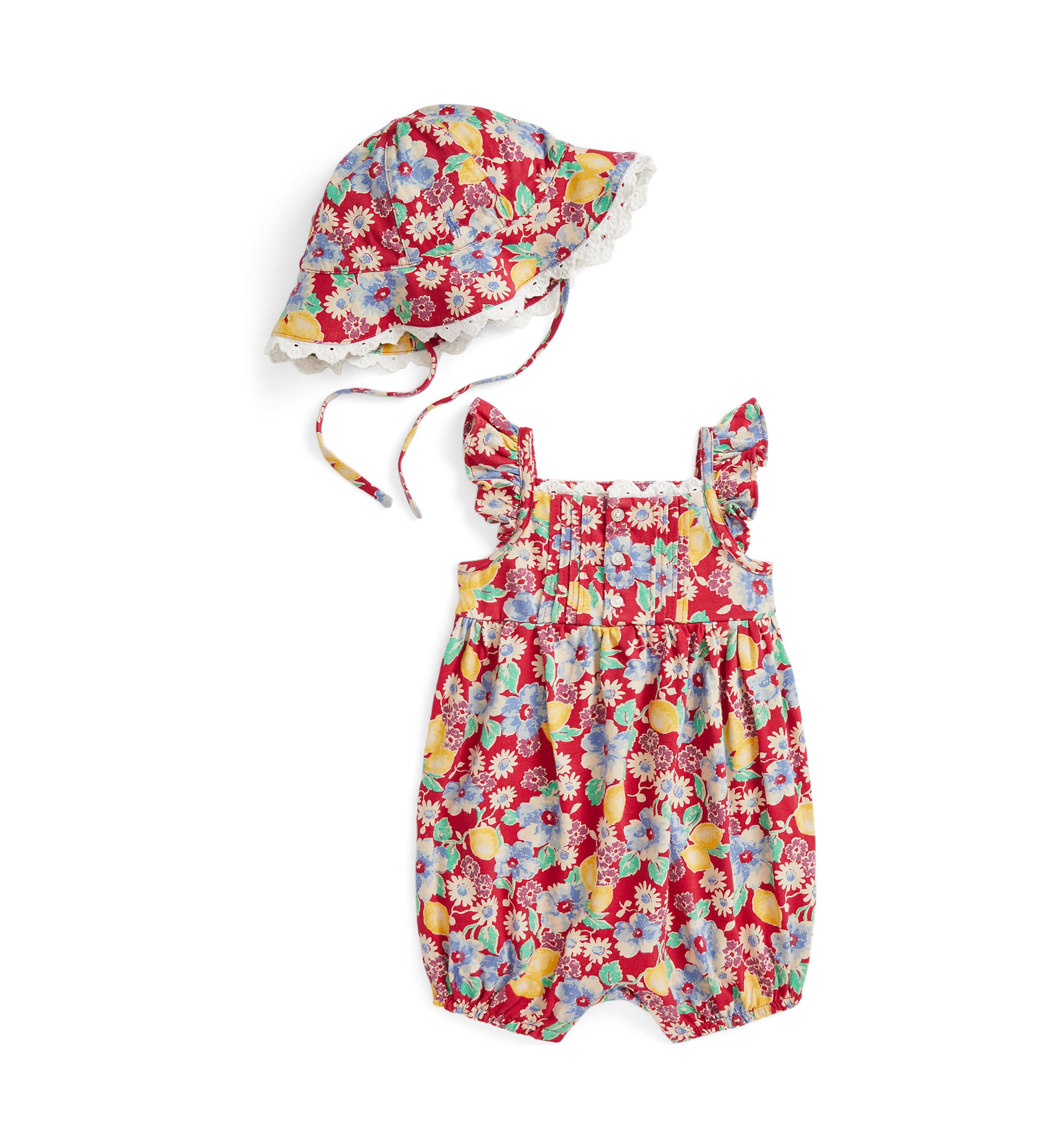 Baby Girls Floral Cotton Jersey Shortall & Hat Set